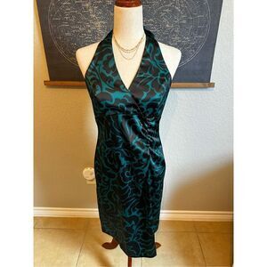 Donna Ricco Satin Y2K Vintage Halter Green Black Knee Length Dress Women Size 8